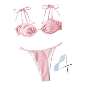 🆕SHEIN Textured Ruched Bust Tie Shoulder Underwire Bikini